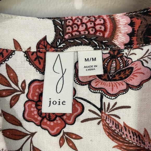 Joie Floral Red & Cream Linen Blend Balloon Sleeve Button Up Blouse Size M - Picture 4 of 10